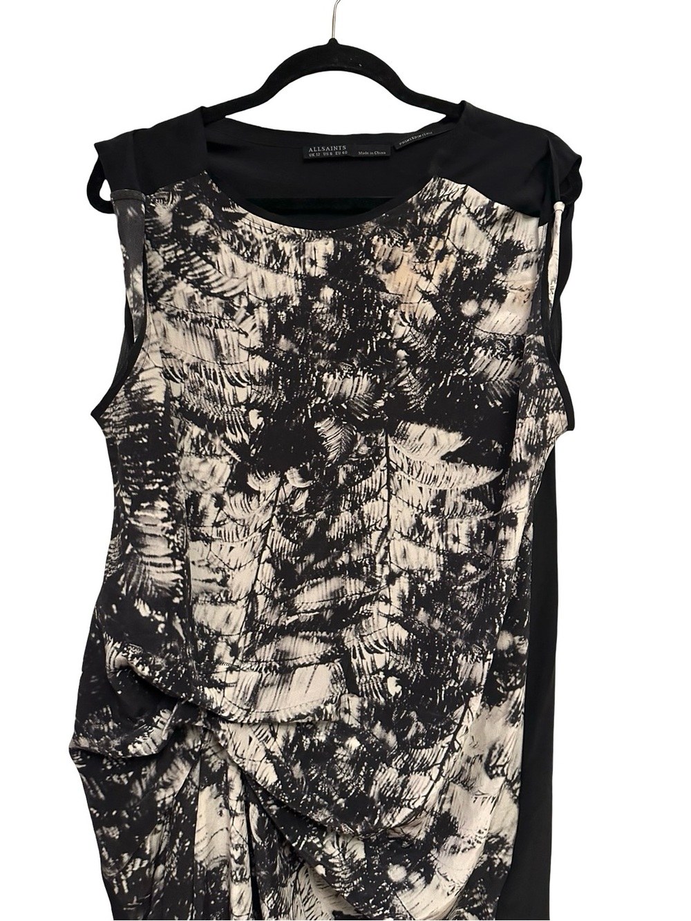 All Saints Riviera Shade Silk Asymmetrical Ruched Dress Palm Print SIZE 8 - Picture 3 of 10